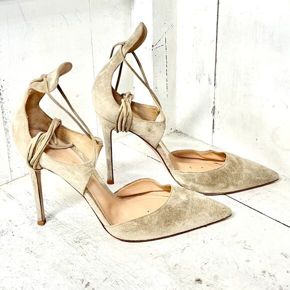 Gianvito Rossi Suede Ankle Tie Pointed Toe Stilettos Pumps Beige Womens 40 / 9.5 - Picture 5 of 6